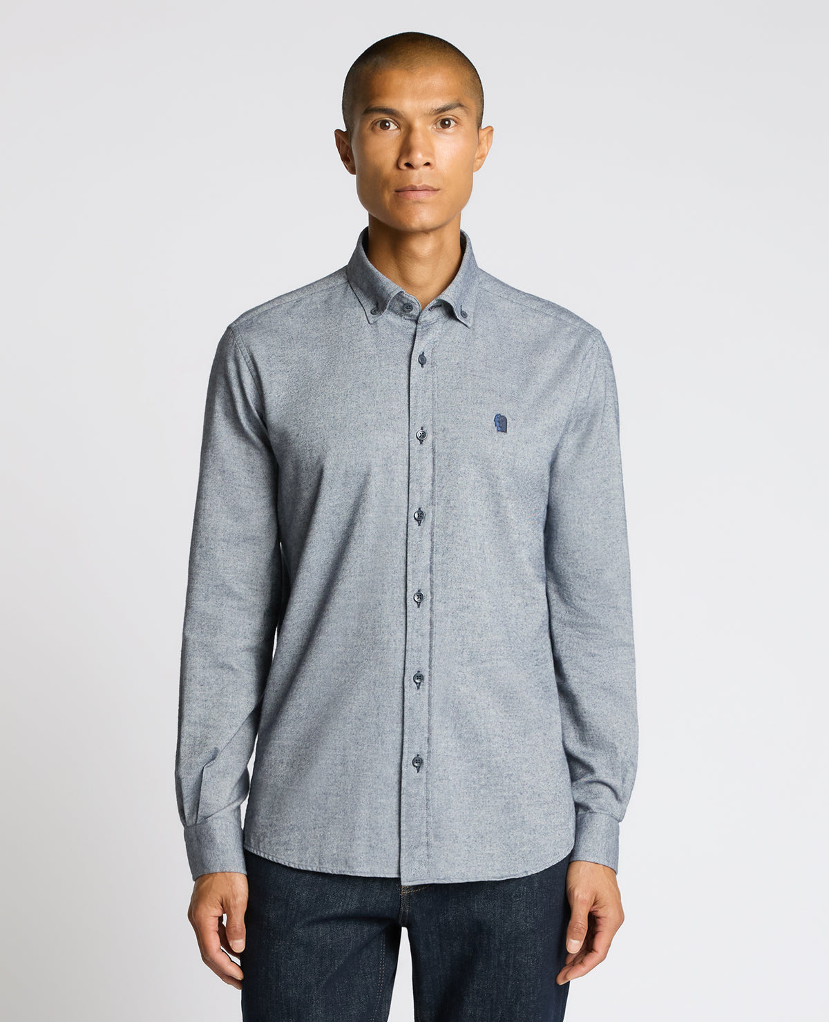 Man wearing a blue Tapered Fit Soft Cotton Shirt