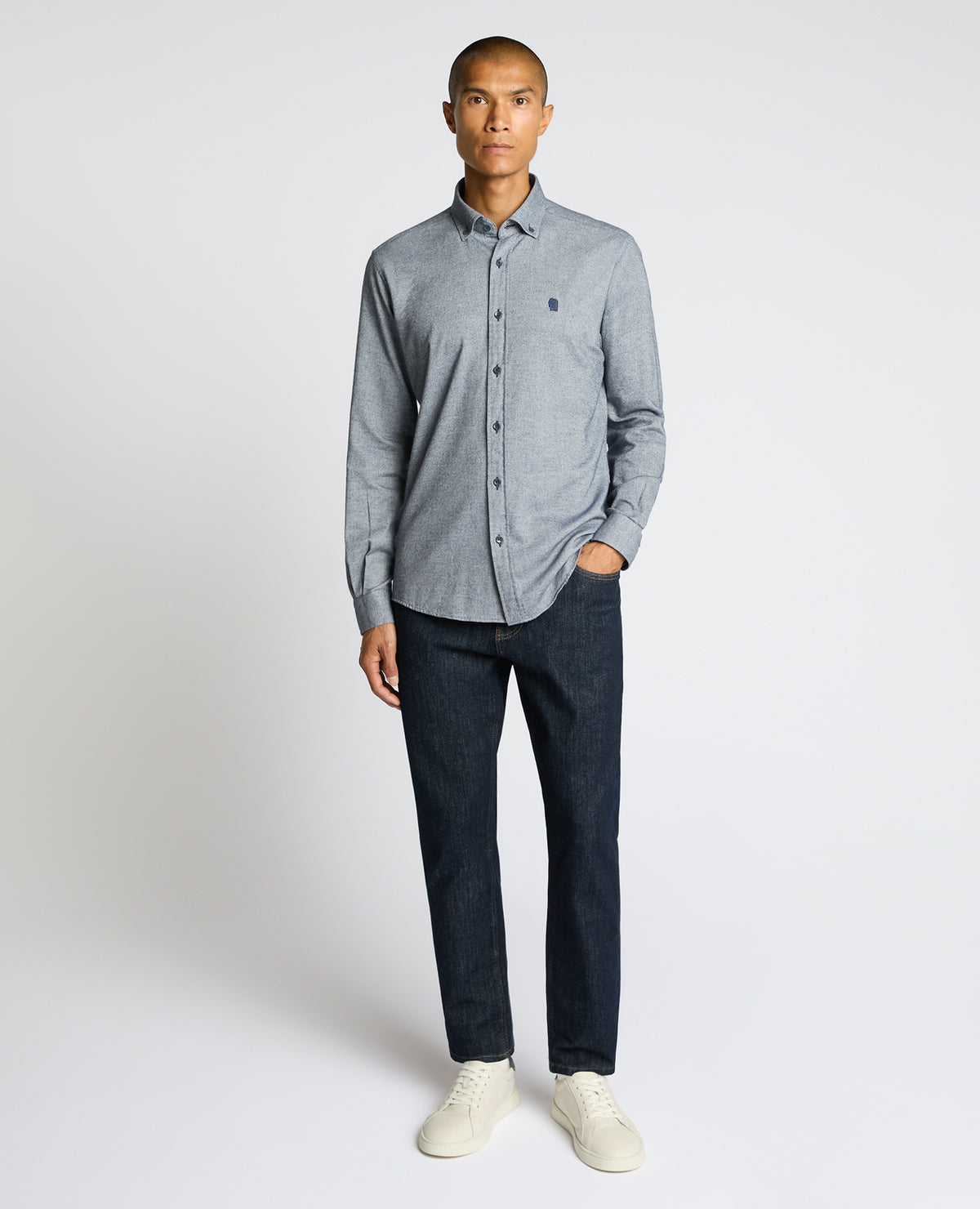 Man wearing a blue Tapered Fit Soft Cotton Shirt