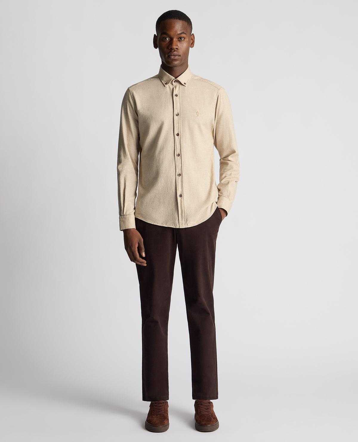 Man wearing a sand Tapered Fit Soft Cotton Shirt