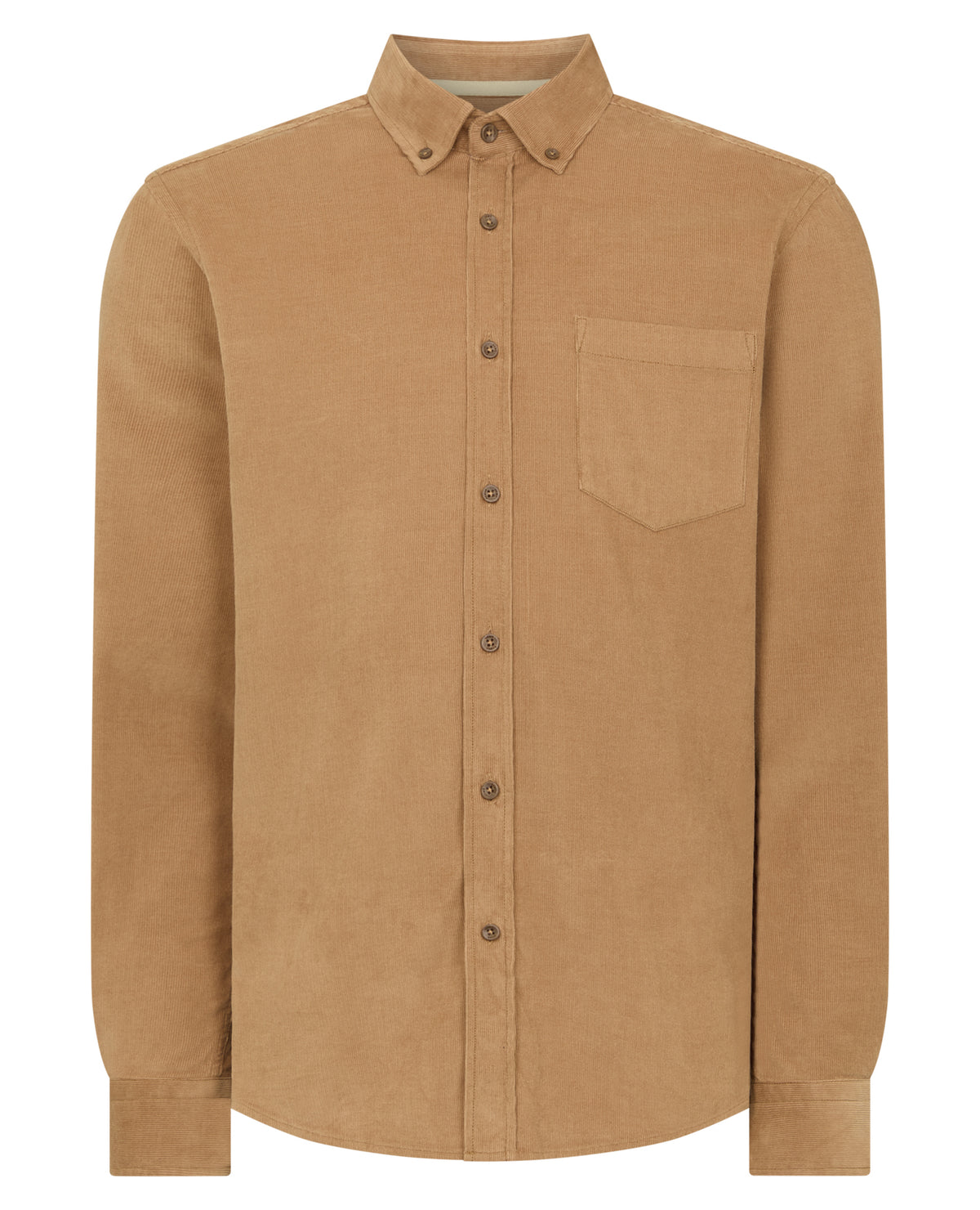 Man wearing a brown Tapered Fit Micro Corduroy Shirt