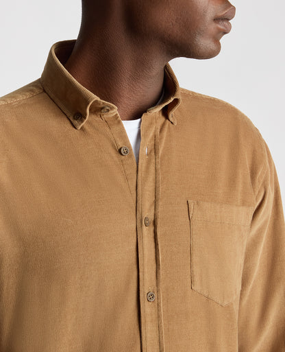 Man wearing a brown Tapered Fit Micro Corduroy Shirt