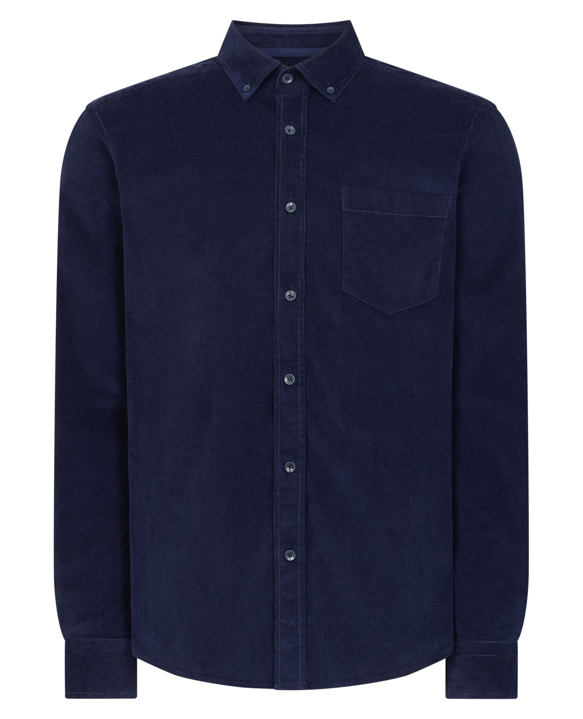 Man wearing a navy Tapered Fit Micro Corduroy Shirt