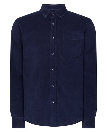 Man wearing a navy Tapered Fit Micro Corduroy Shirt