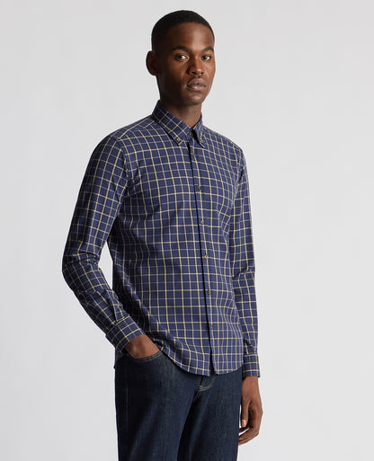 Man wearing a blue Slim Fit Checked Shirt