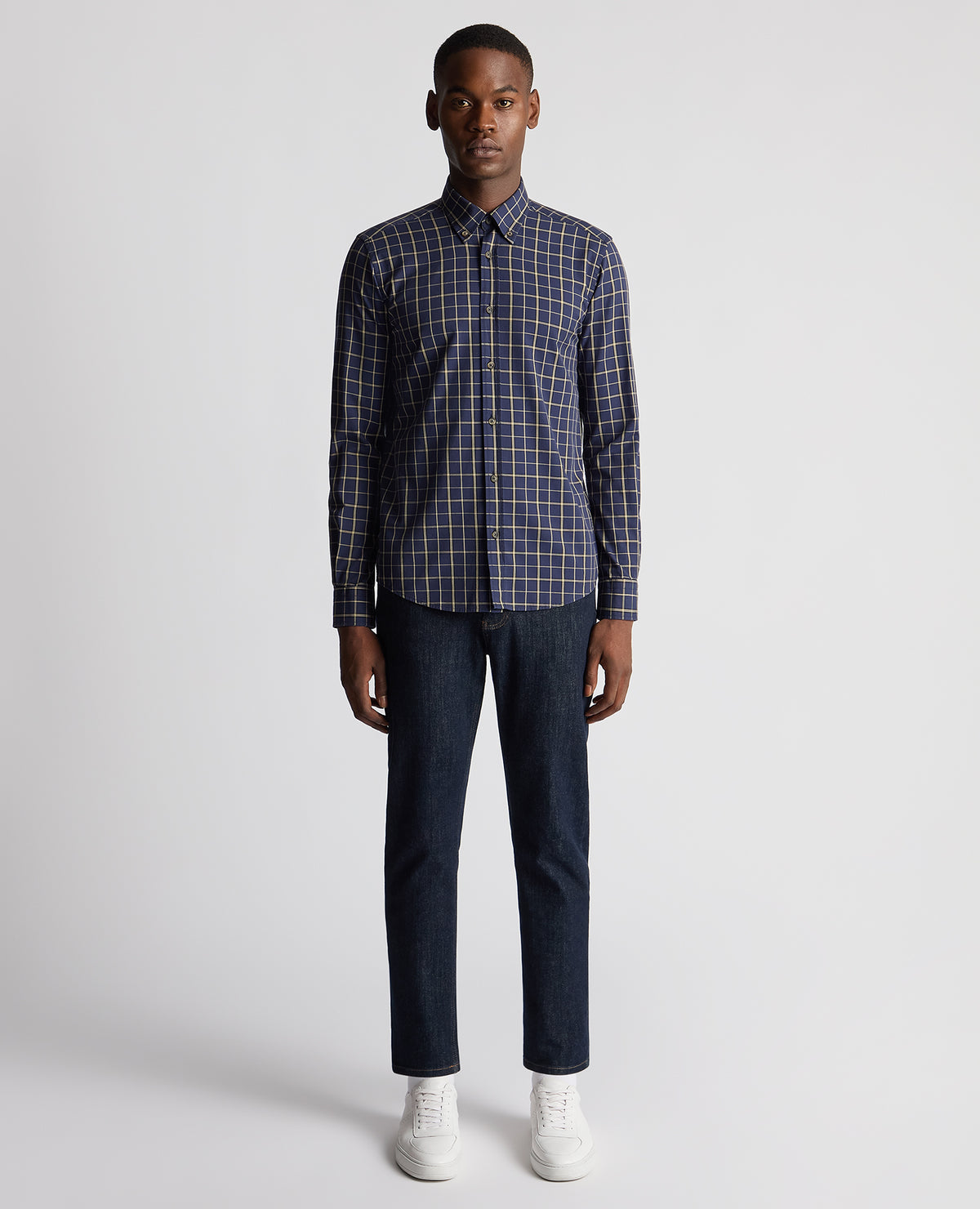 Man wearing a blue Slim Fit Checked Shirt