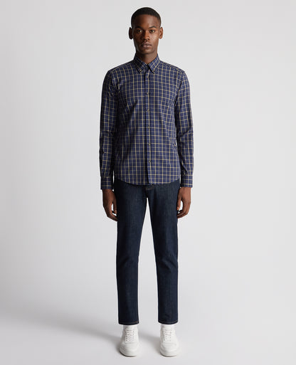 Man wearing a blue Slim Fit Checked Shirt