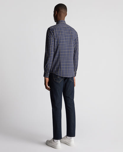 Man wearing a blue Slim Fit Checked Shirt