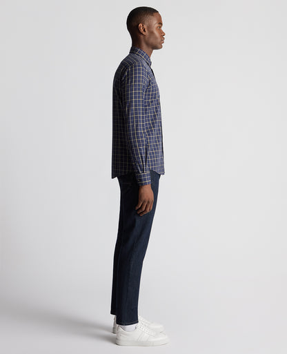 Man wearing a blue Slim Fit Checked Shirt