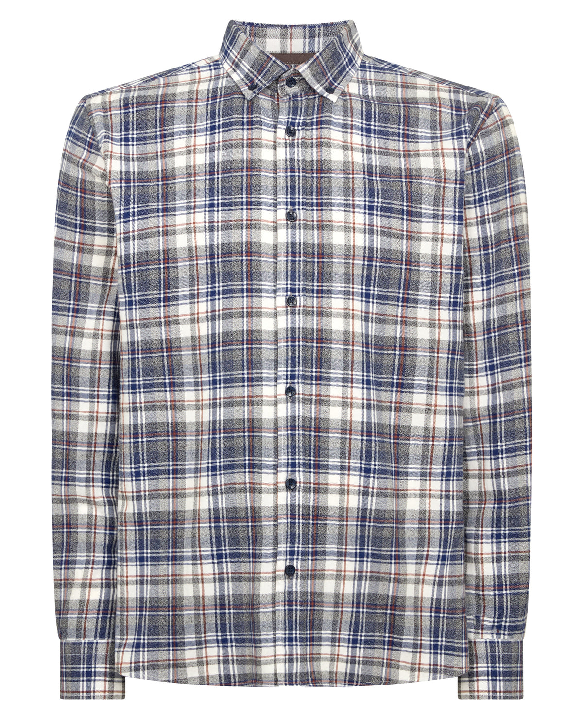Man wearing a blue Tapered Fit Checked Brushed Cotton Shirt