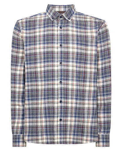 Man wearing a blue Tapered Fit Checked Brushed Cotton Shirt