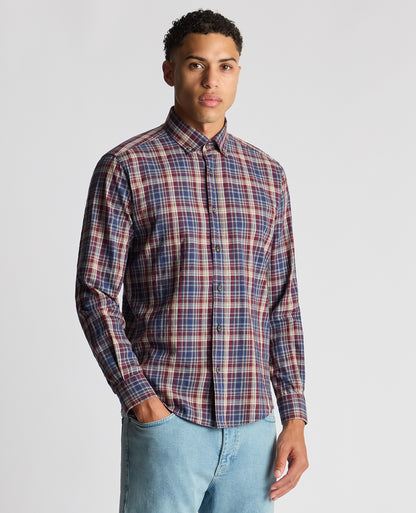 Man wearing a red Tapered Fit Checked Cotton Shirt