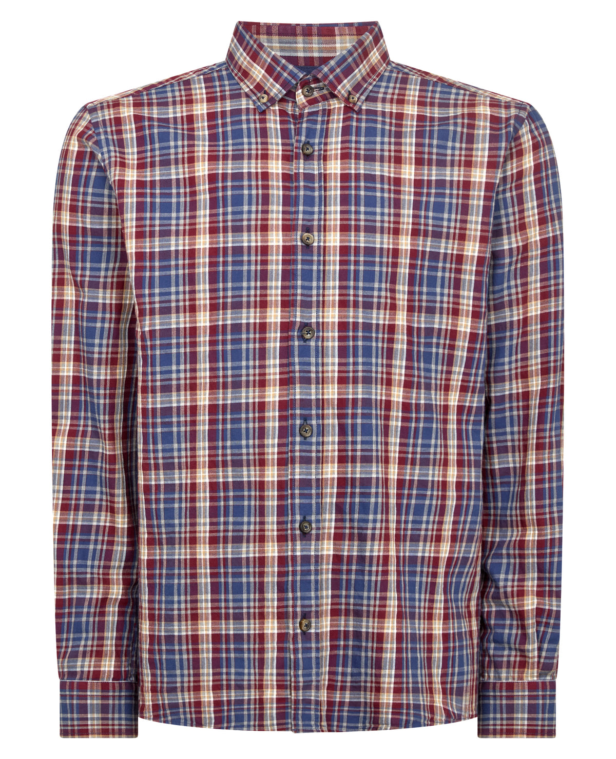 Man wearing a red Tapered Fit Checked Cotton Shirt