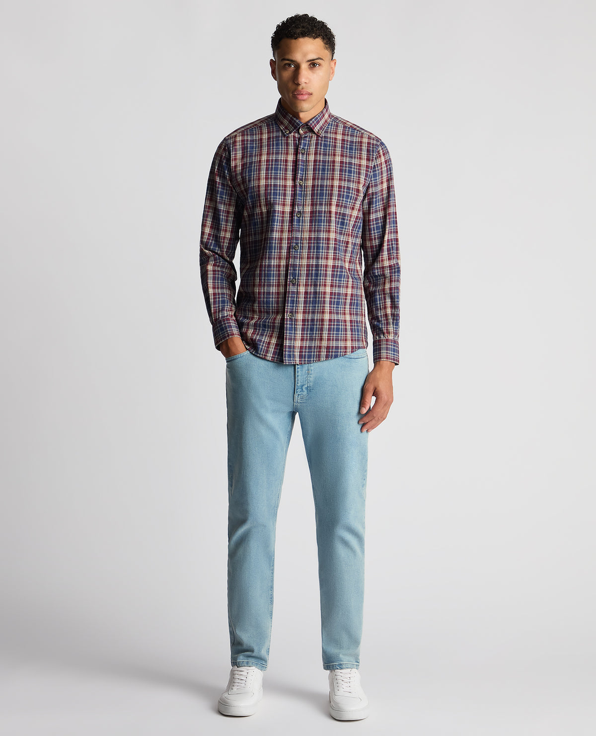 Man wearing a red Tapered Fit Checked Cotton Shirt