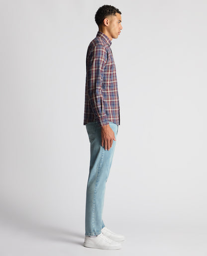 Man wearing a red Tapered Fit Checked Cotton Shirt