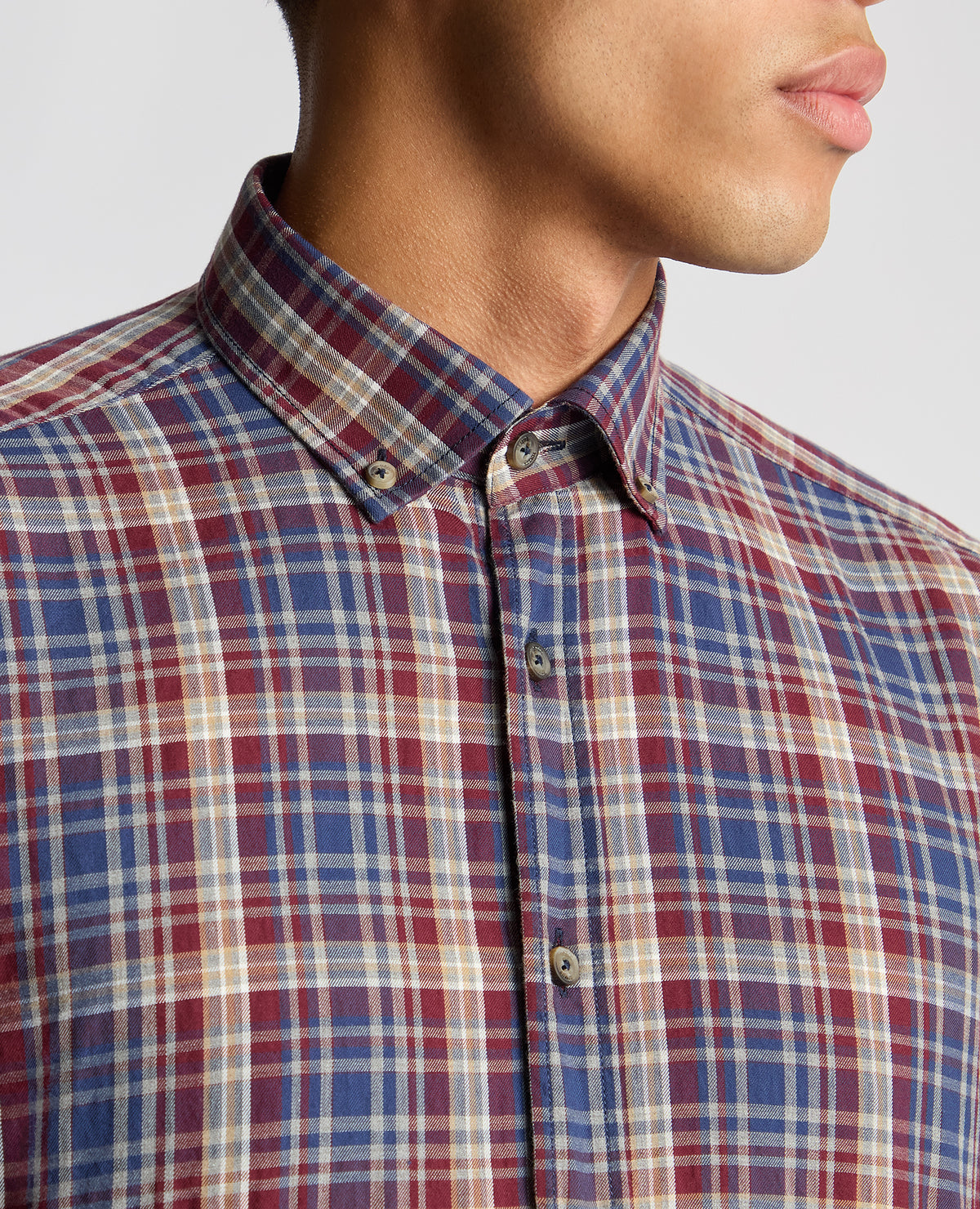 Man wearing a red Tapered Fit Checked Cotton Shirt