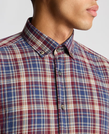 Man wearing a red Tapered Fit Checked Cotton Shirt