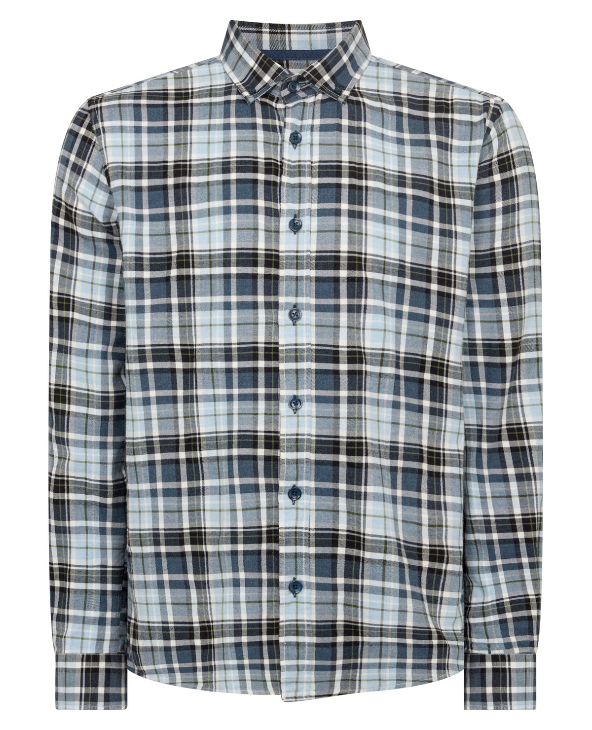 Man wearing a blue Tapered Fit Checked Cotton Shirt