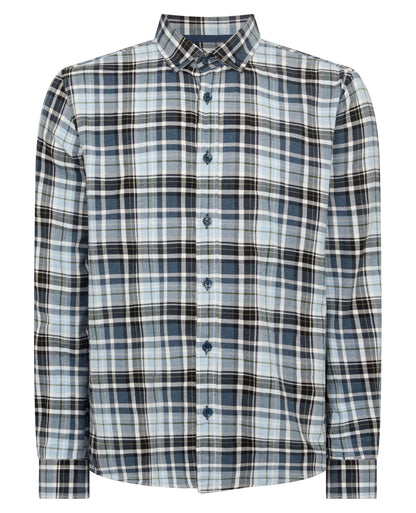 Man wearing a blue Tapered Fit Checked Cotton Shirt