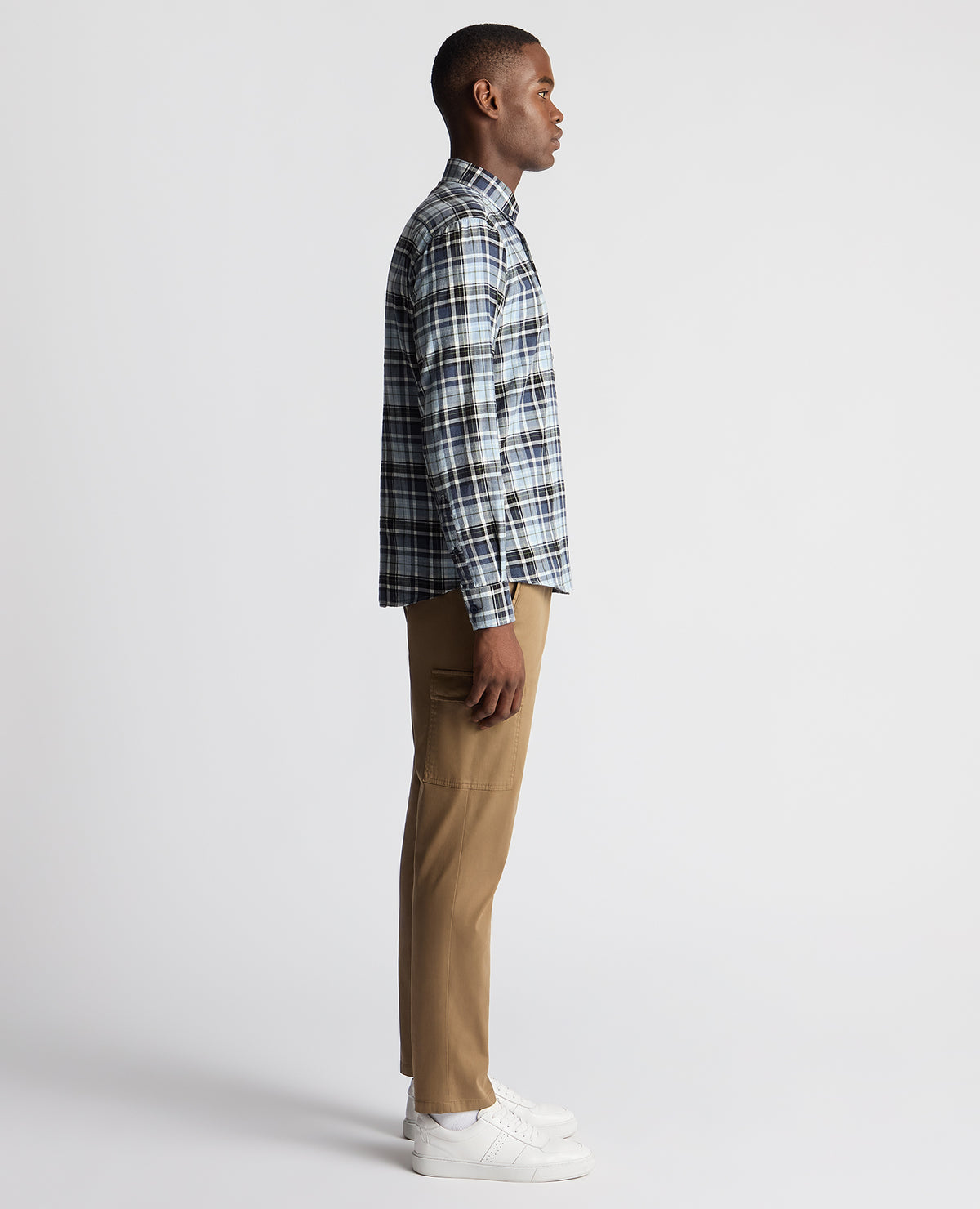 Man wearing a blue Tapered Fit Checked Cotton Shirt