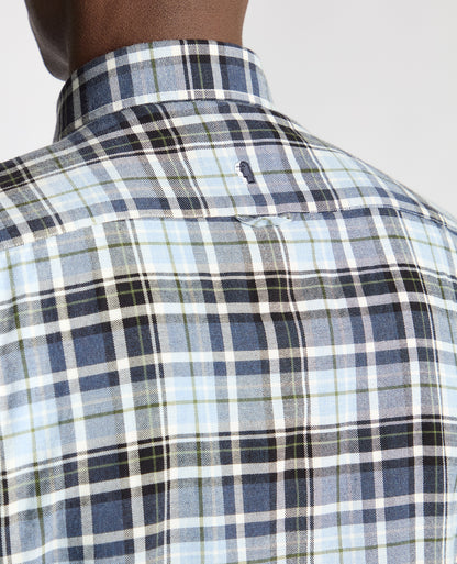 Man wearing a blue Tapered Fit Checked Cotton Shirt