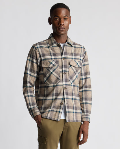 Man wearing a brown Tapered Fit Cotton Checked Overshirt