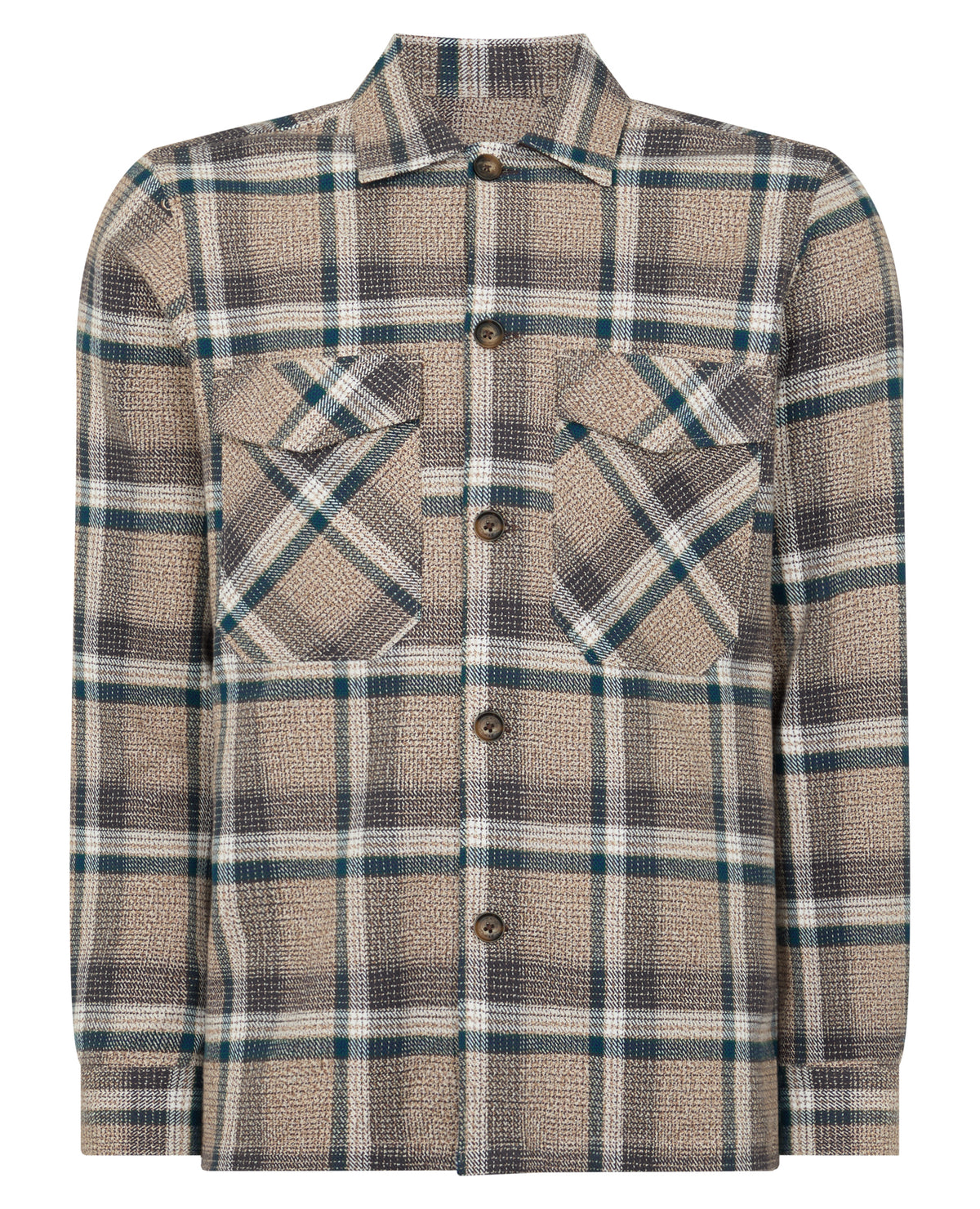 Man wearing a brown Tapered Fit Cotton Checked Overshirt
