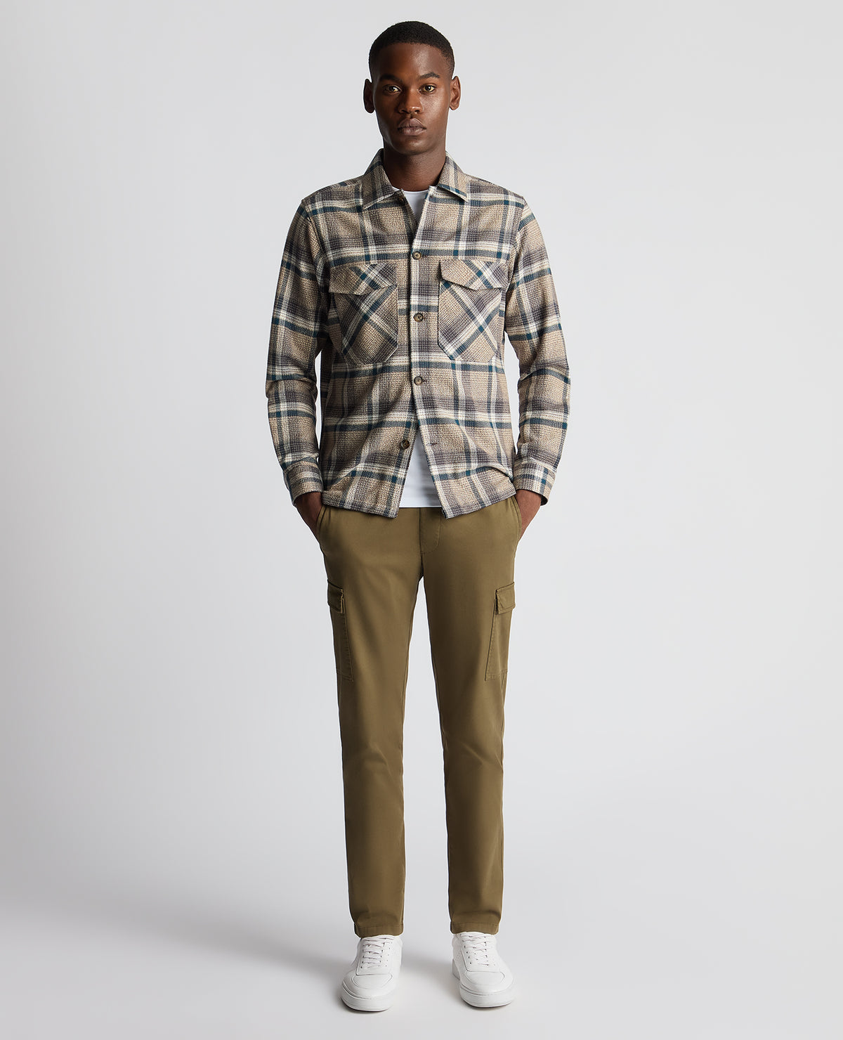 Man wearing a brown Tapered Fit Cotton Checked Overshirt