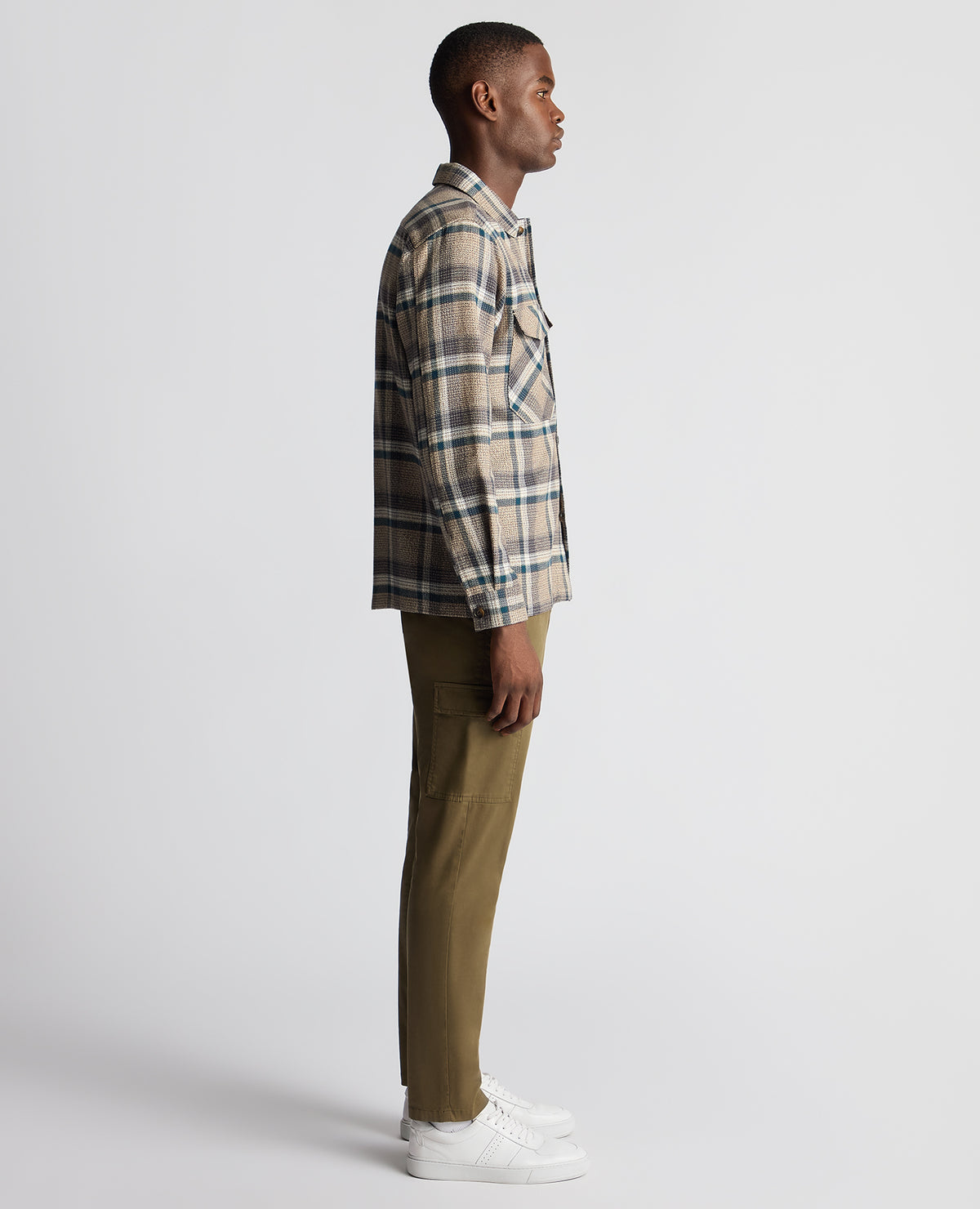 Man wearing a brown Tapered Fit Cotton Checked Overshirt