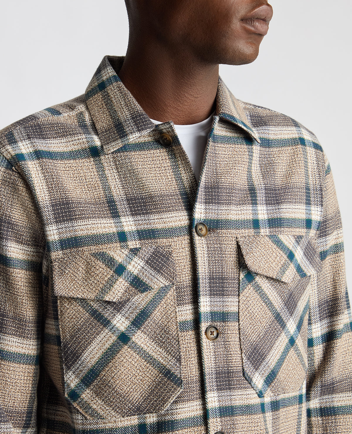 Man wearing a brown Tapered Fit Cotton Checked Overshirt
