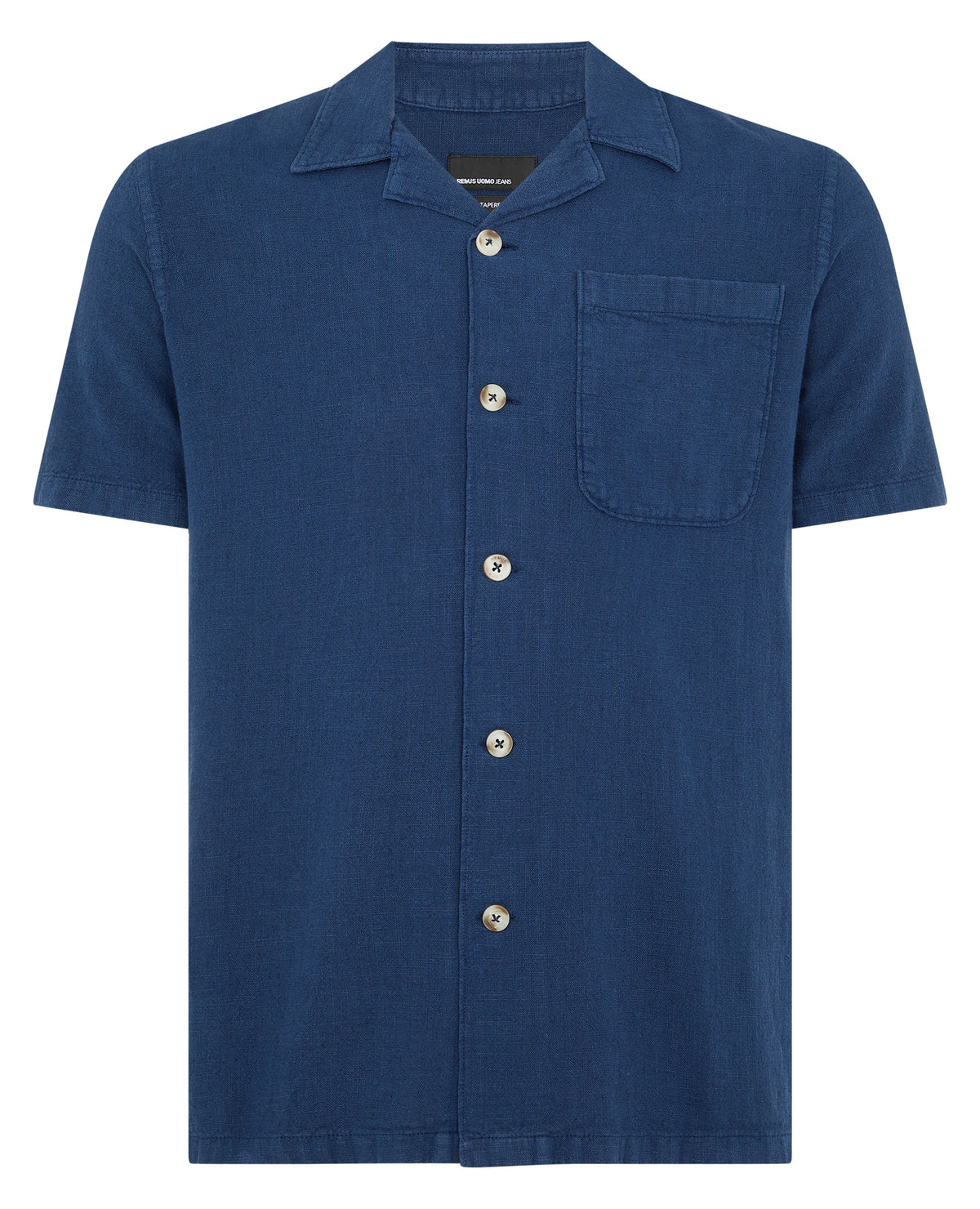 Man wearing a blue Tapered Fit Cotton-Linen Shirt