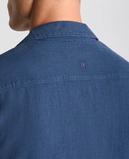 Man wearing a blue Tapered Fit Cotton-Linen Shirt
