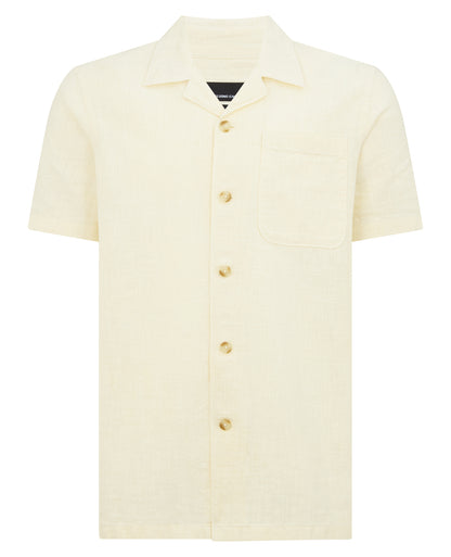 Man wearing a sand Tapered Fit Cotton-Linen Shirt