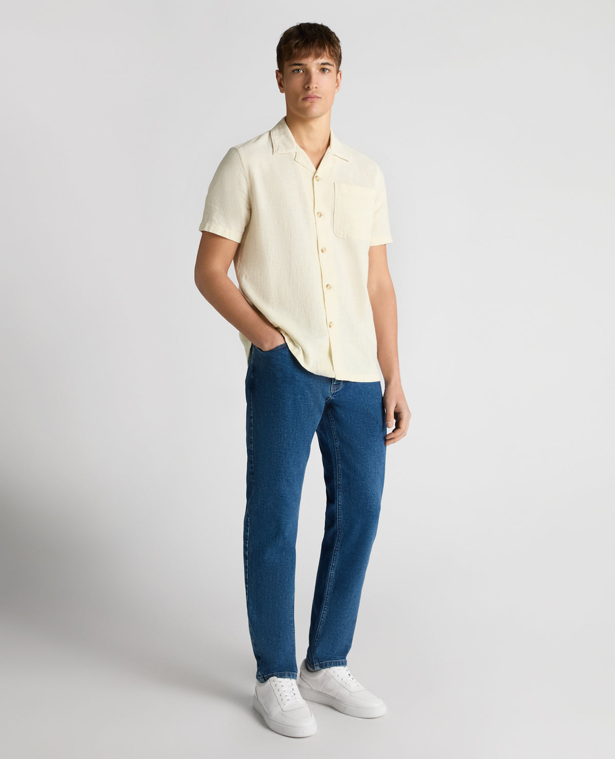 Man wearing a sand Tapered Fit Cotton-Linen Shirt