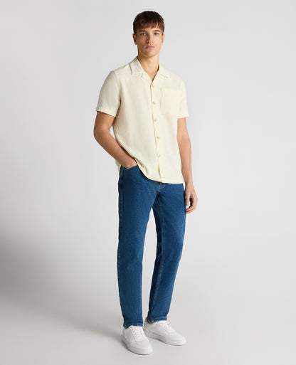 Man wearing a sand Tapered Fit Cotton-Linen Shirt