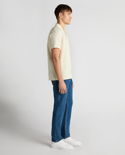 Man wearing a sand Tapered Fit Cotton-Linen Shirt