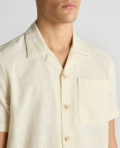 Man wearing a sand Tapered Fit Cotton-Linen Shirt