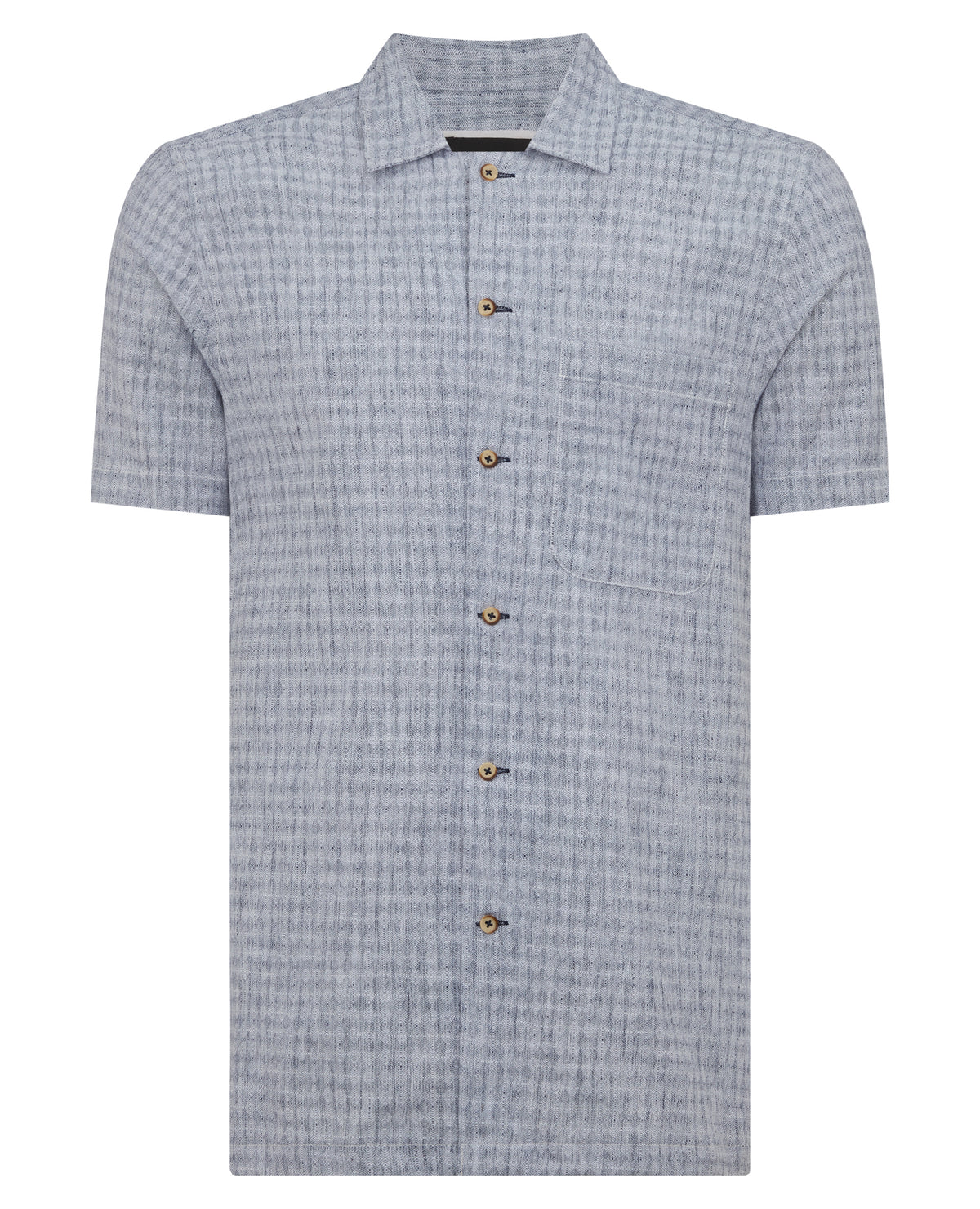 Man wearing a blue Tapered Fit Cotton-Linen Short Sleeve Shirt
