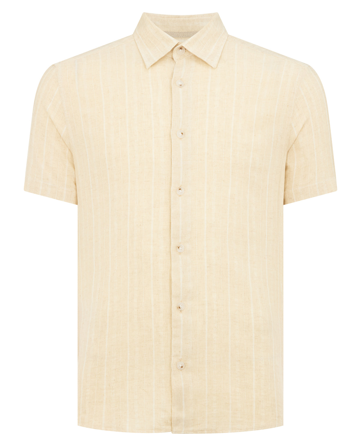 Man wearing a sand Slim Fit Striped Organic Cotton-Linen Shirt