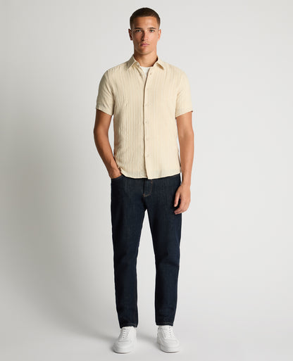 Man wearing a sand Slim Fit Striped Organic Cotton-Linen Shirt