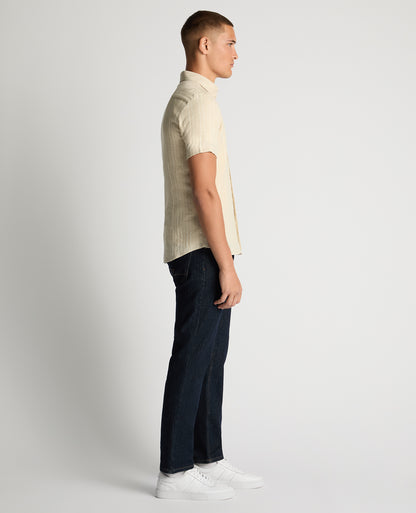 Man wearing a sand Slim Fit Striped Organic Cotton-Linen Shirt