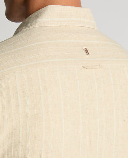 Man wearing a sand Slim Fit Striped Organic Cotton-Linen Shirt