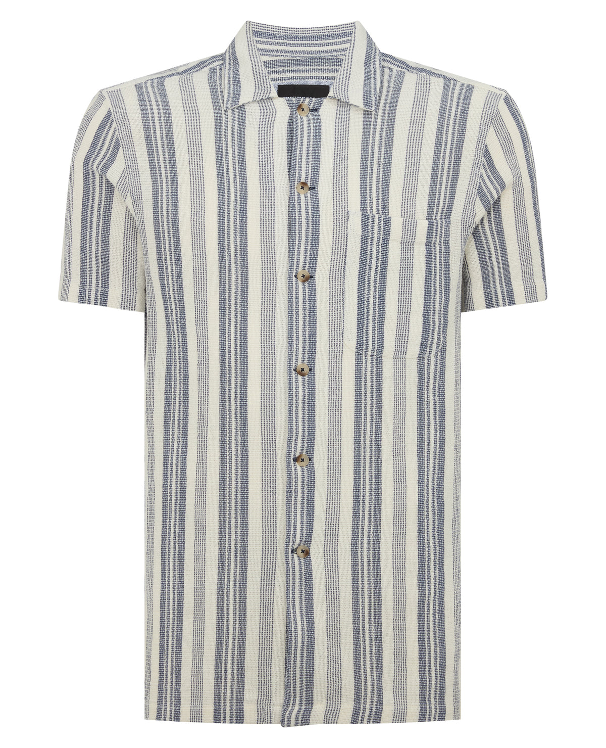 Man wearing a navy Tapered Fit Woven Cotton Striped Shirt
