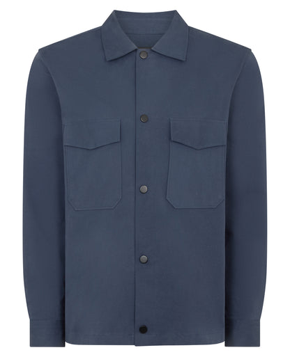 Man wearing a navy Regular Fit Cotton Stretch Overshirt