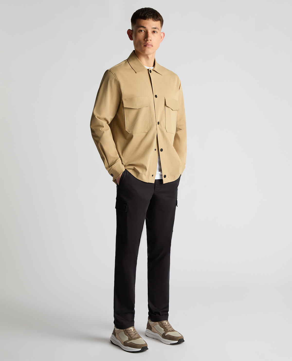 Man wearing a sand Regular Fit Cotton Stretch Overshirt