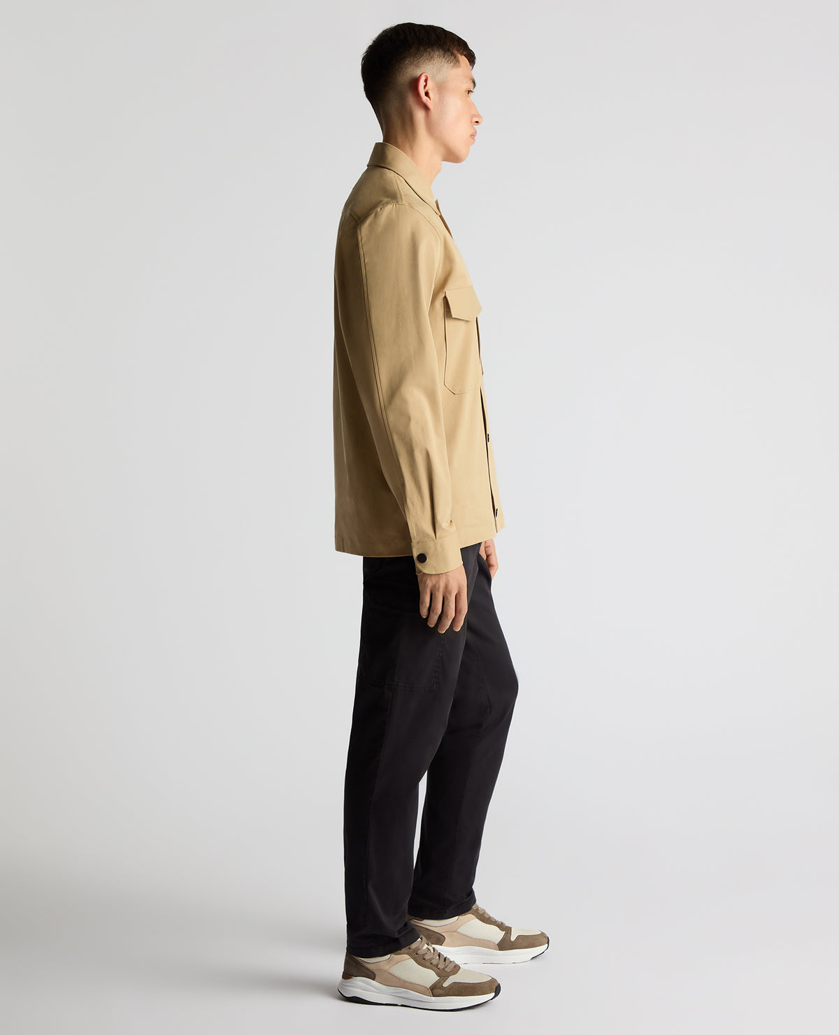 Man wearing a sand Regular Fit Cotton Stretch Overshirt