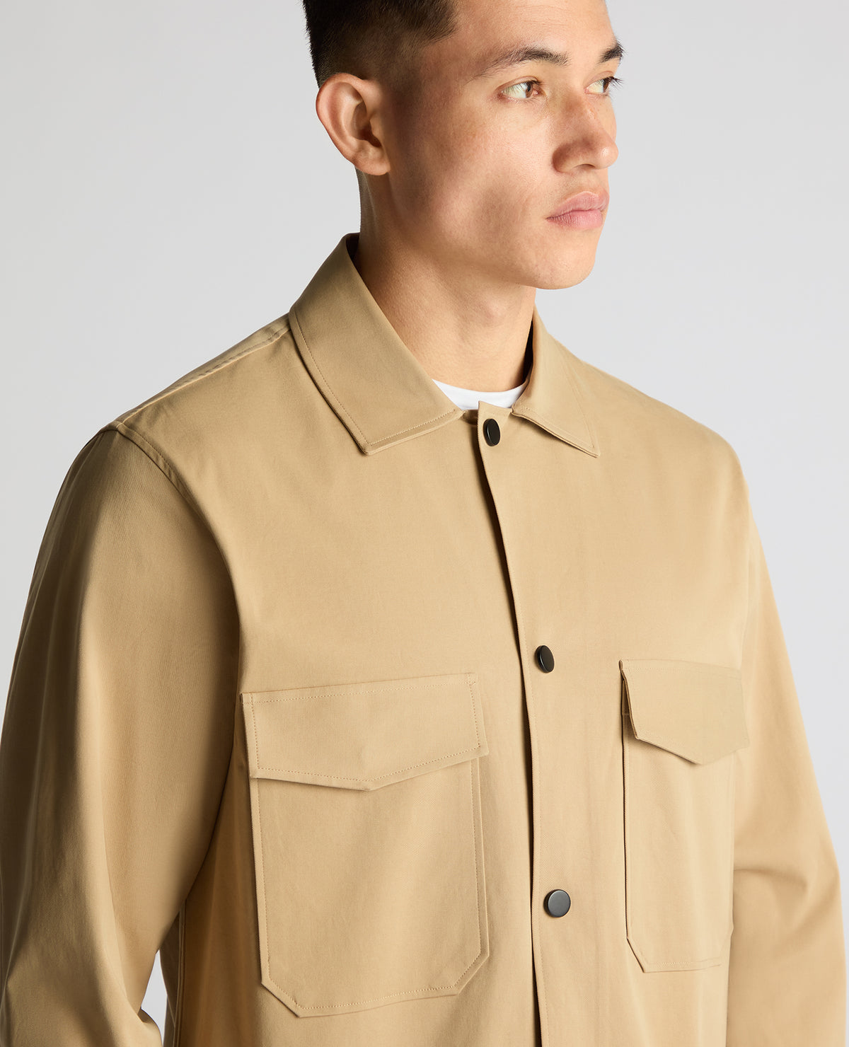 Man wearing a sand Regular Fit Cotton Stretch Overshirt