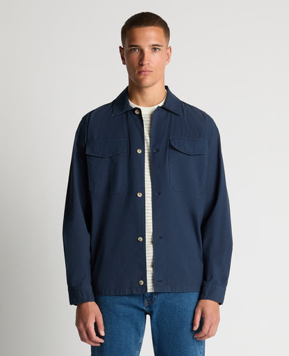 Man wearing a navy Regular Fit Cotton-Stretch Overshirt