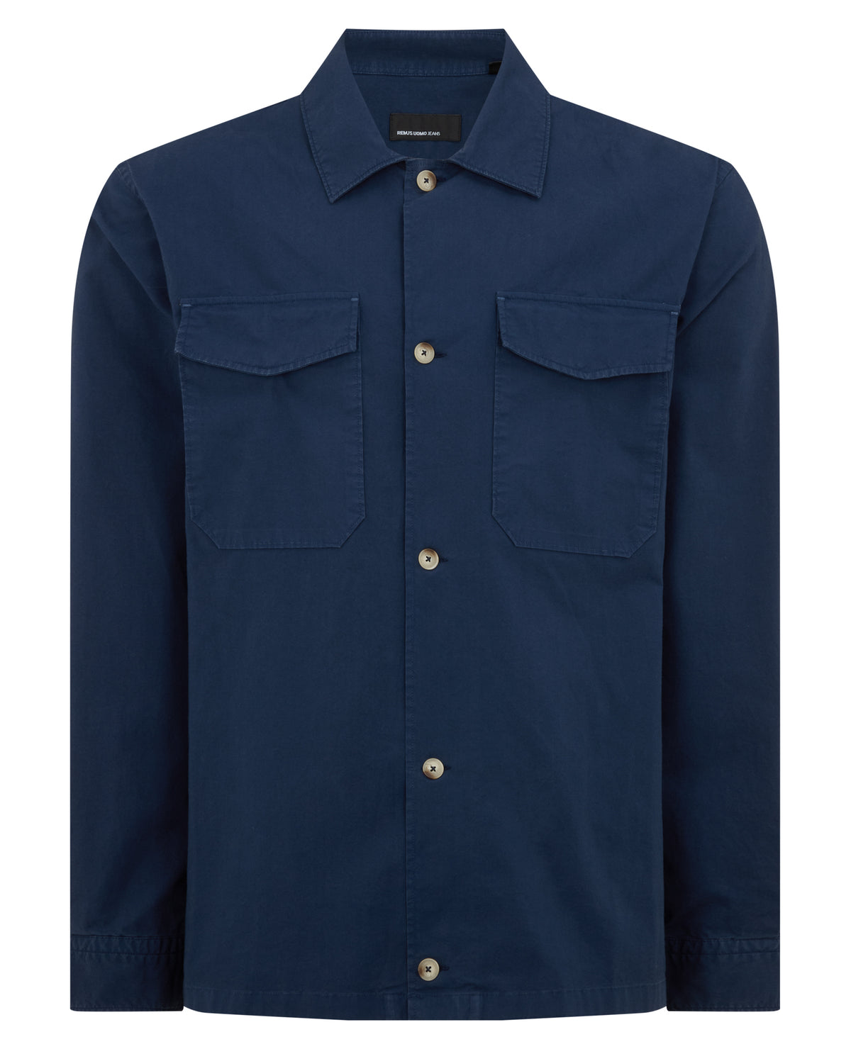 Man wearing a navy Regular Fit Cotton-Stretch Overshirt
