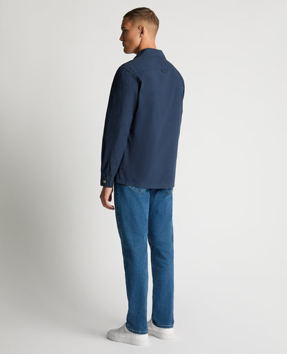 Man wearing a navy Regular Fit Cotton-Stretch Overshirt