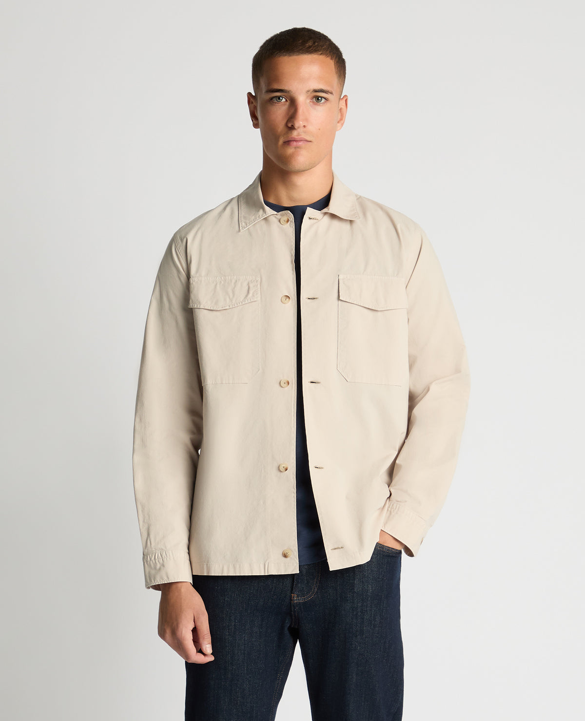 Man wearing a sand Regular Fit Cotton-Stretch Overshirt